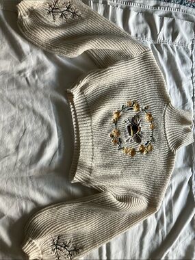 Embroidered Cream Ribbed Mock Neck Sweater